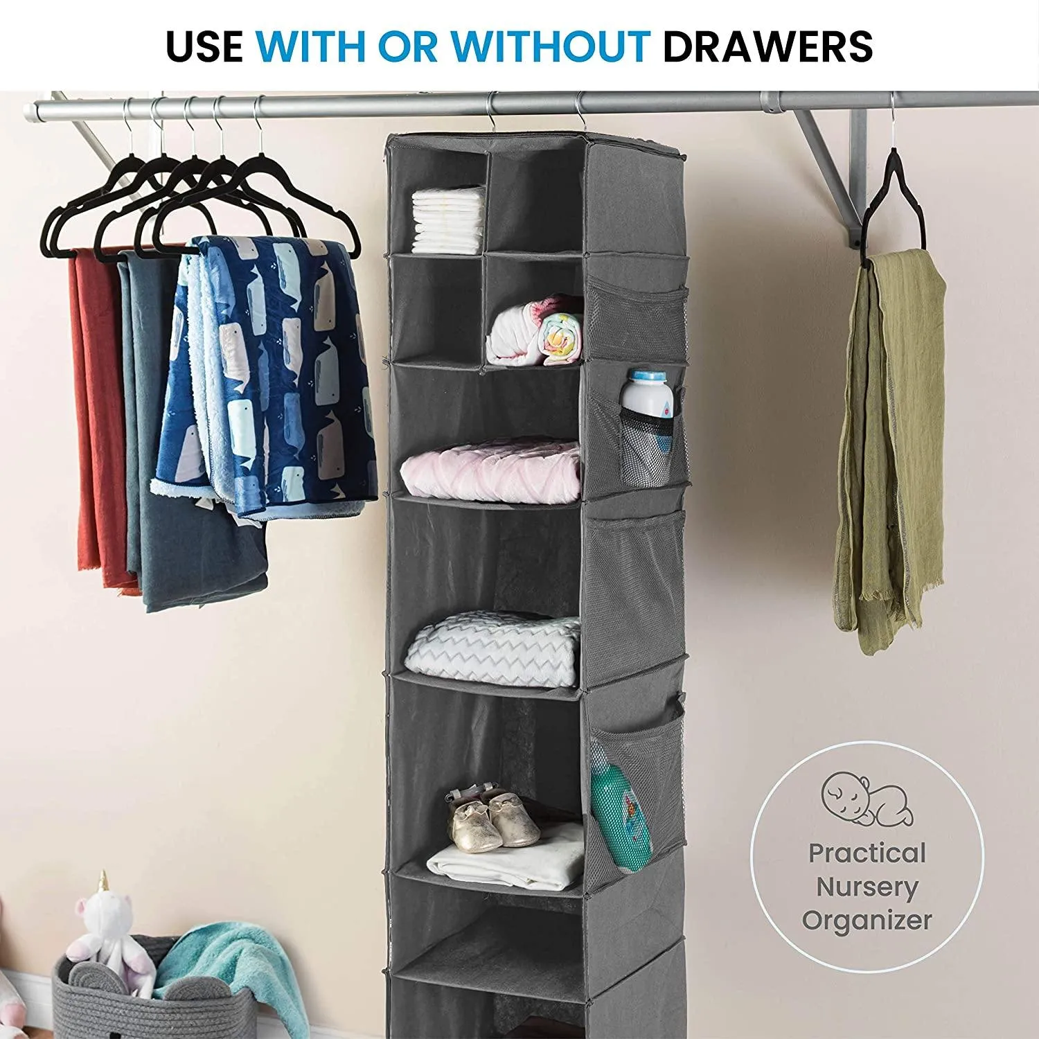 9 Shelf Hanging Closet Organizer with 5 Drawer Organizers (Grey , 9 Shelf-1) - DOUBLE R BAGS