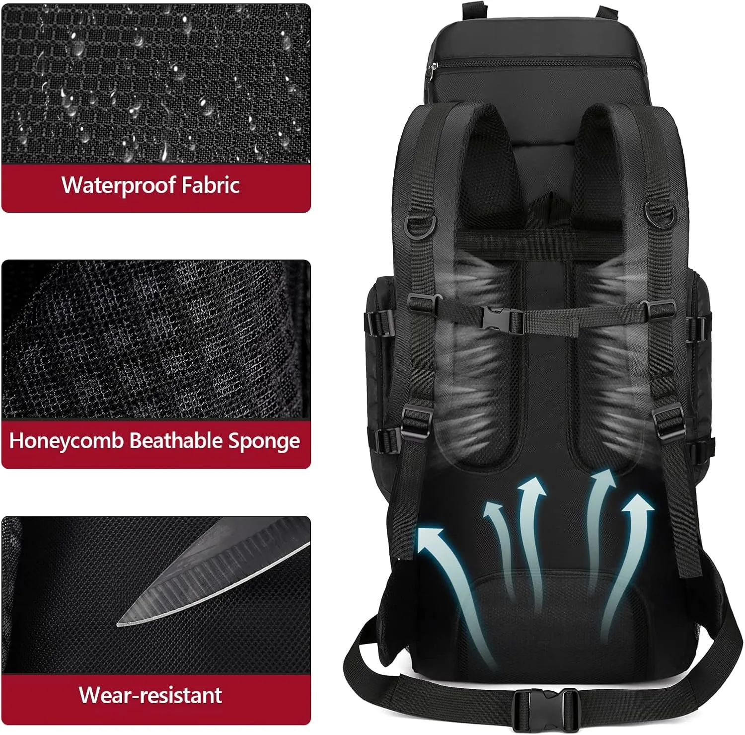 90L Large Hiking Travel Backpack with Rain Cover Molle Rucksack Waterproof Lightweight Travel Daypack for Climbing Camping Touring (Black)