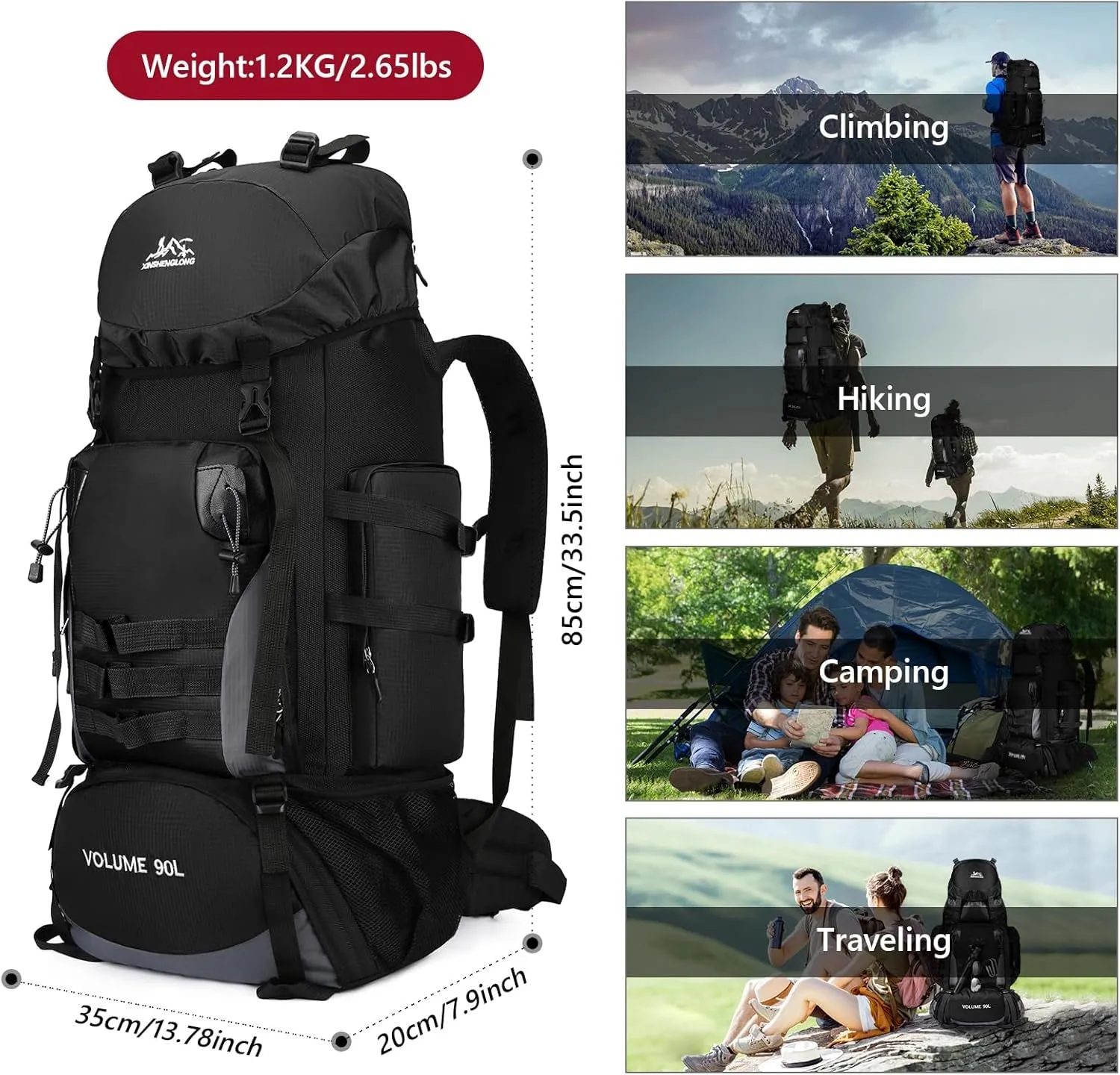 90L Large Hiking Travel Backpack with Rain Cover Molle Rucksack Waterproof Lightweight Travel Daypack for Climbing Camping Touring (Black)