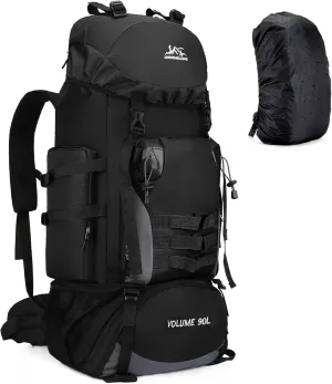 90L Large Hiking Travel Backpack with Rain Cover Molle Rucksack Waterproof Lightweight Travel Daypack for Climbing Camping Touring (Black)