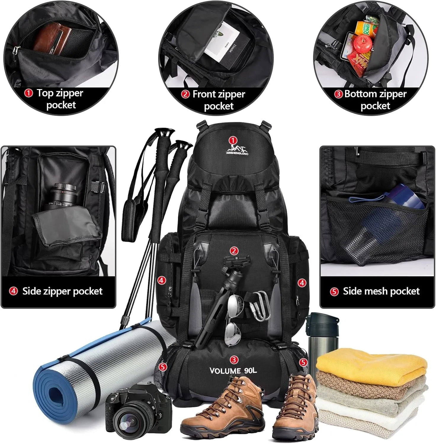 90L Large Hiking Travel Backpack with Rain Cover Molle Rucksack Waterproof Lightweight Travel Daypack for Climbing Camping Touring (Black)