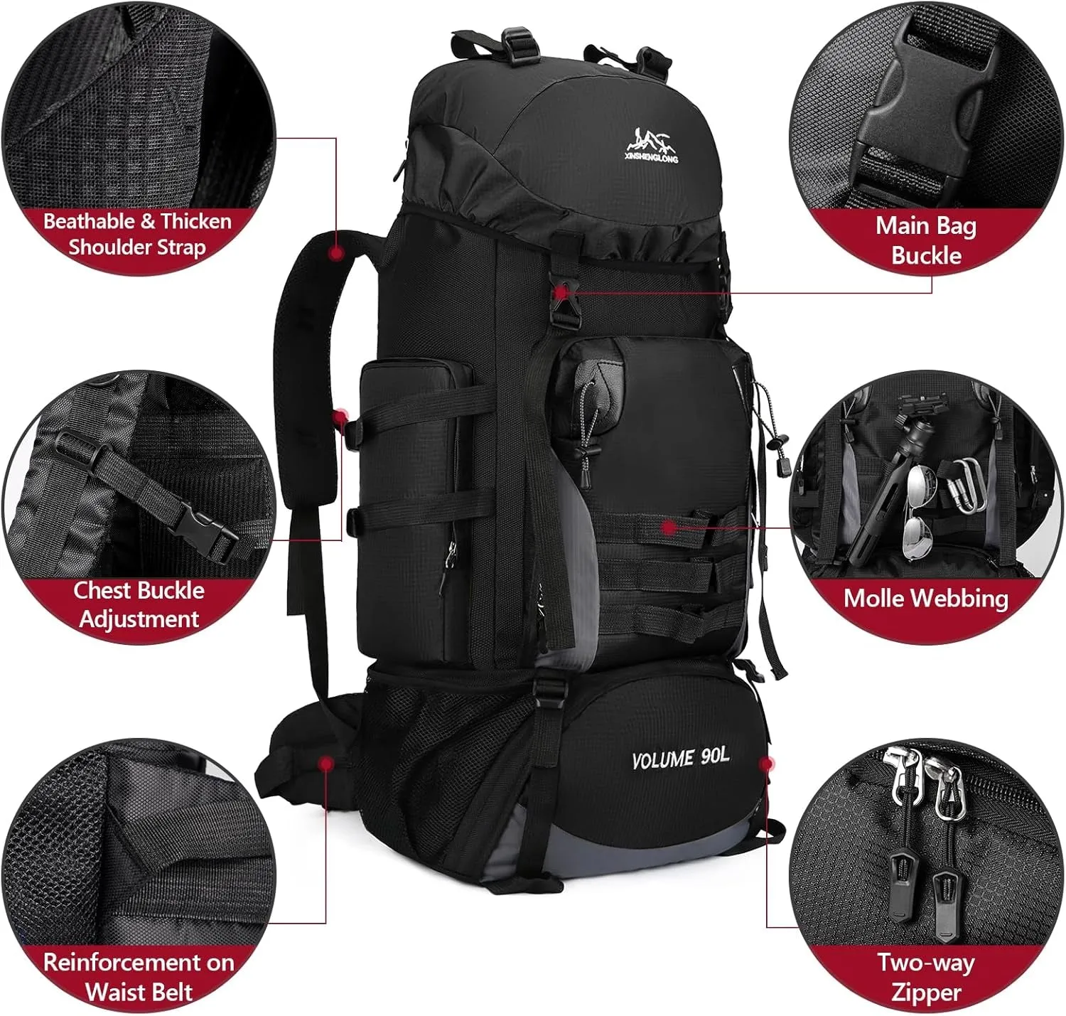 90L Large Hiking Travel Backpack with Rain Cover Molle Rucksack Waterproof Lightweight Travel Daypack for Climbing Camping Touring (Black)