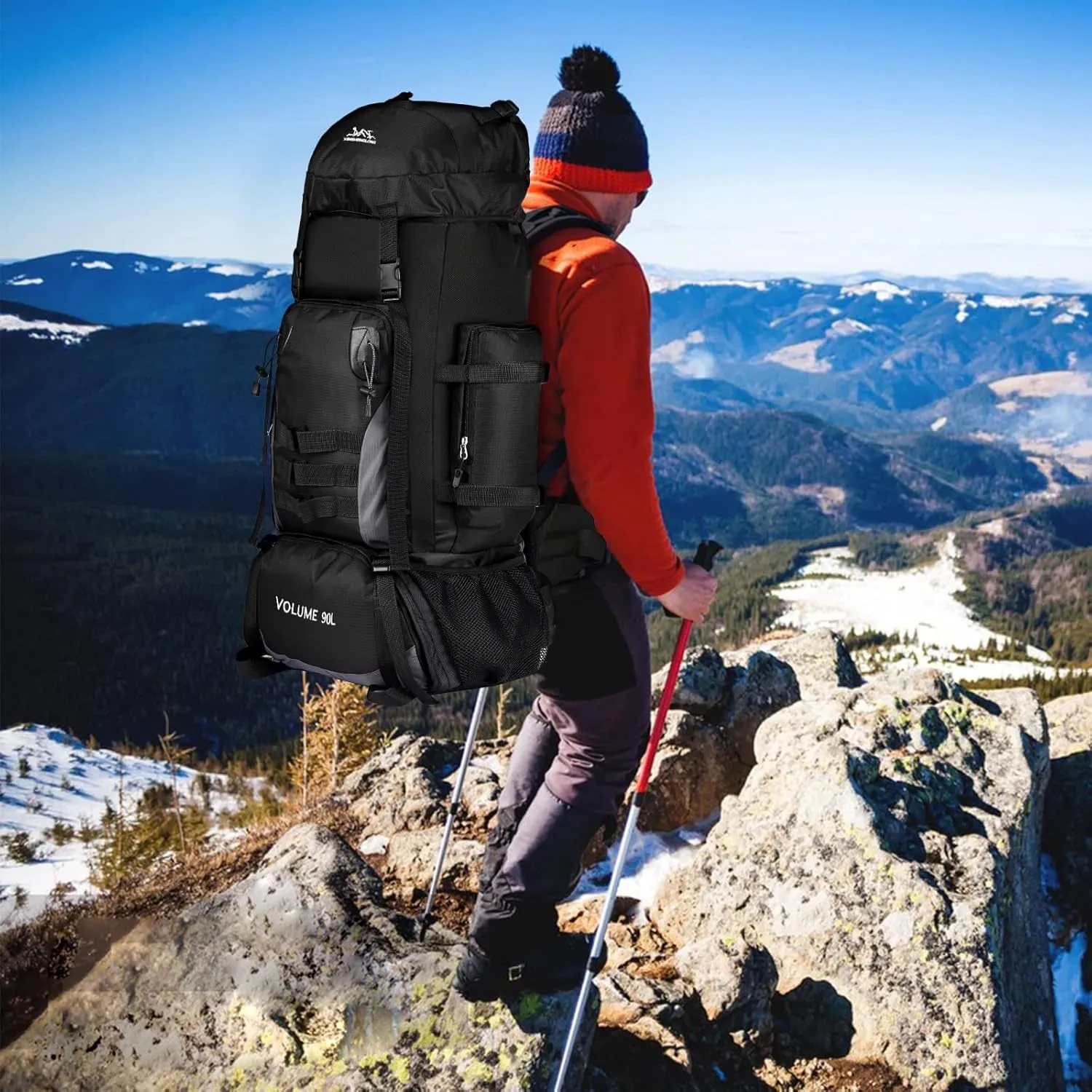 90L Large Hiking Travel Backpack with Rain Cover Molle Rucksack Waterproof Lightweight Travel Daypack for Climbing Camping Touring (Black)