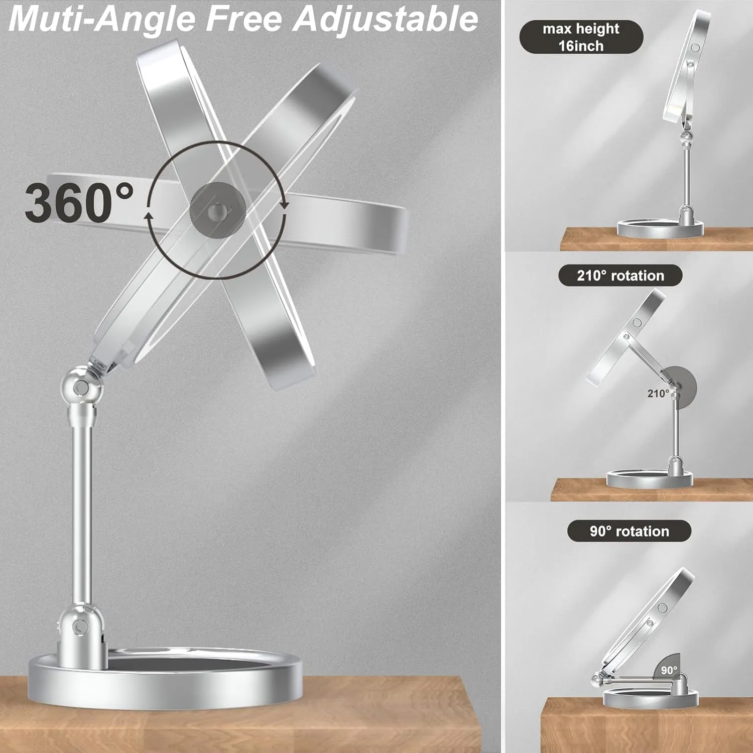 9" Large Height Adjustable Makeup Mirror With Magnification 10X/1X, 4000mAh Rechargeable Led Magnifying Vanity Mirror with Lights, Folding Boom & 360°Swivel 2-Sided Travel Cosmetic Mirror - Chrome