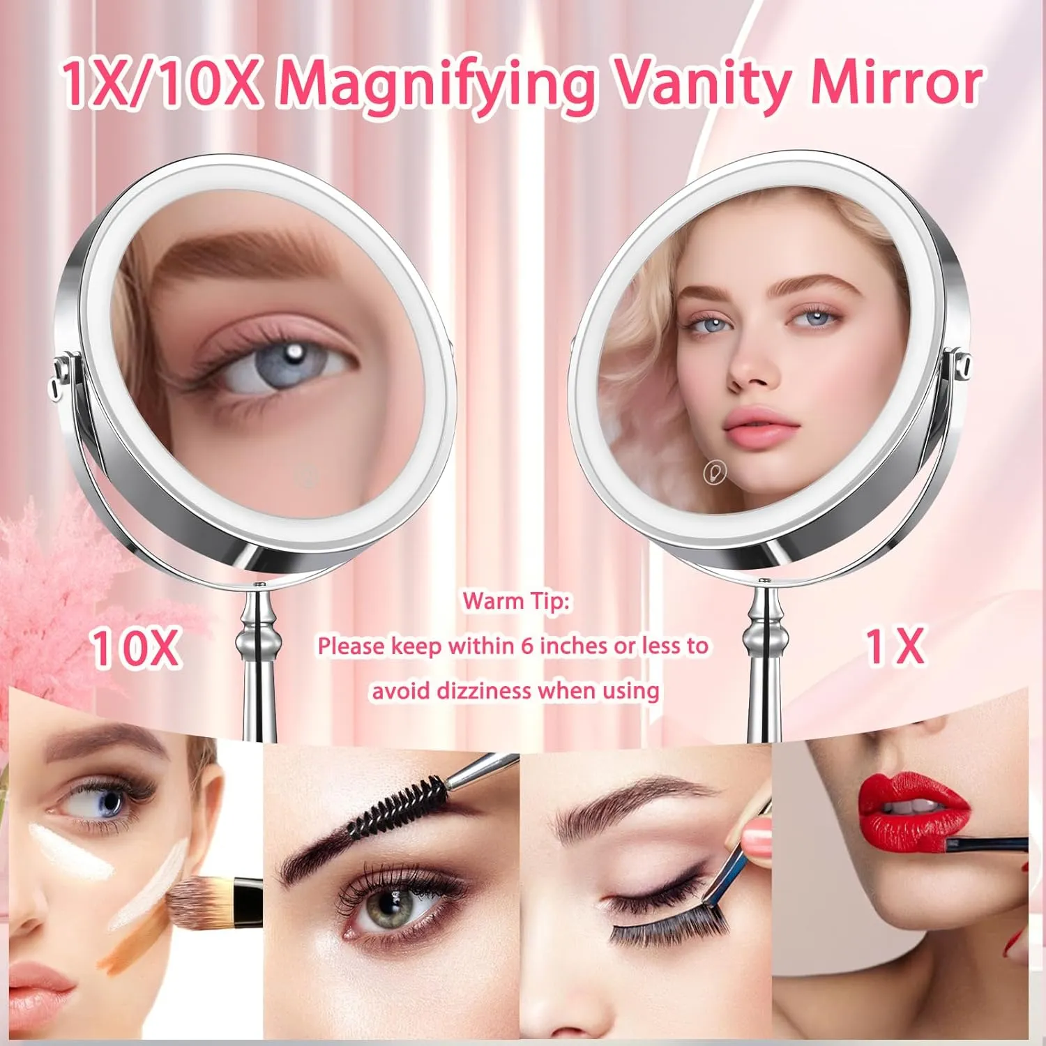 9" Large Lighted Makeup Mirror, 1X/10X Magnifying Mirror with Lights, 360 Rotate Touch Screen Vanity Light up Mirror with 3 Color Lights, Brightness Adjustable