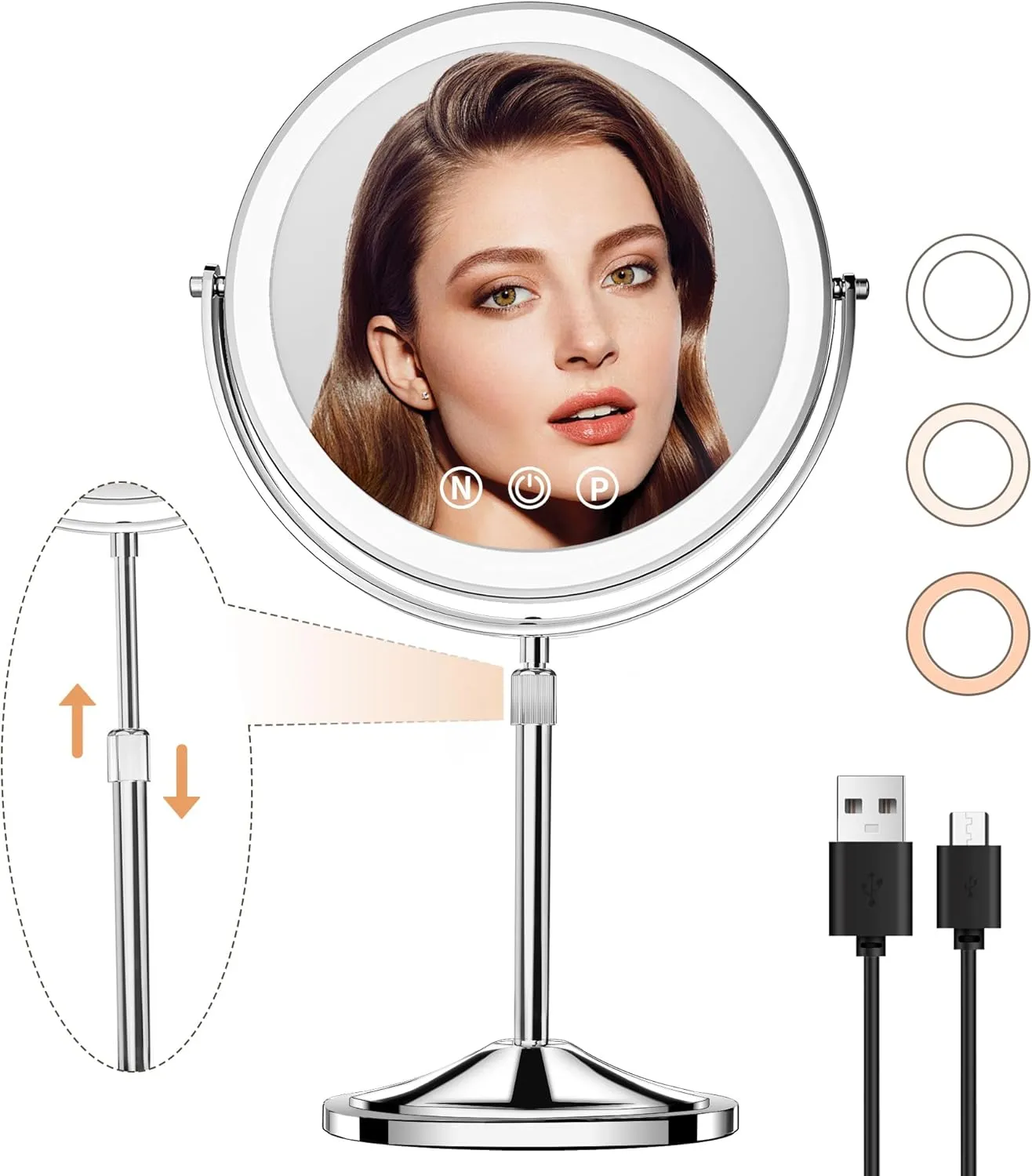 9" Large Lighted Makeup Mirror, Height Adjustable & 3 Color Dimmable Lights, 1X/10X Magnifying Mirror with Light, 80 LED Lights, 360°Rotation Double Sided Vanity Mirror