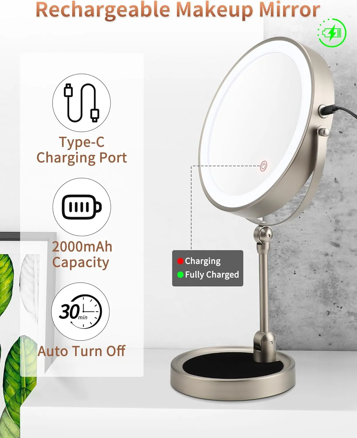 9" Lighted Makeup Mirror,1X/10X Magnifying Vanity Mirror with Height & Brightness Adjustable,Rechargable Makeup Mirror,360°Rotation Double Sided Standing Desk Mirror (Satin Nickel)