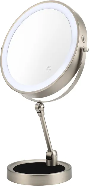 9" Lighted Makeup Mirror,1X/10X Magnifying Vanity Mirror with Height & Brightness Adjustable,Rechargable Makeup Mirror,360°Rotation Double Sided Standing Desk Mirror (Satin Nickel)