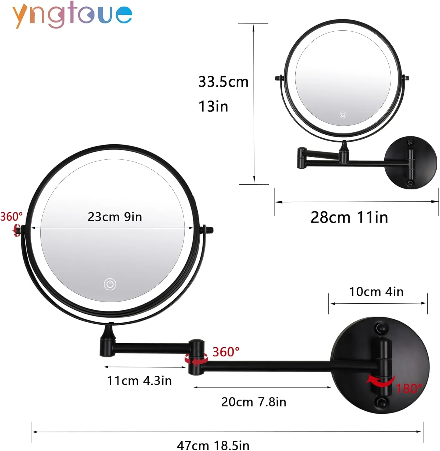 9" Wall Mounted Makeup Mirror with Light, Black 10X Magnifying Glass, Bathroom Shaving Magnifying Mirror, 3000mAh USB Charging (960B10X)