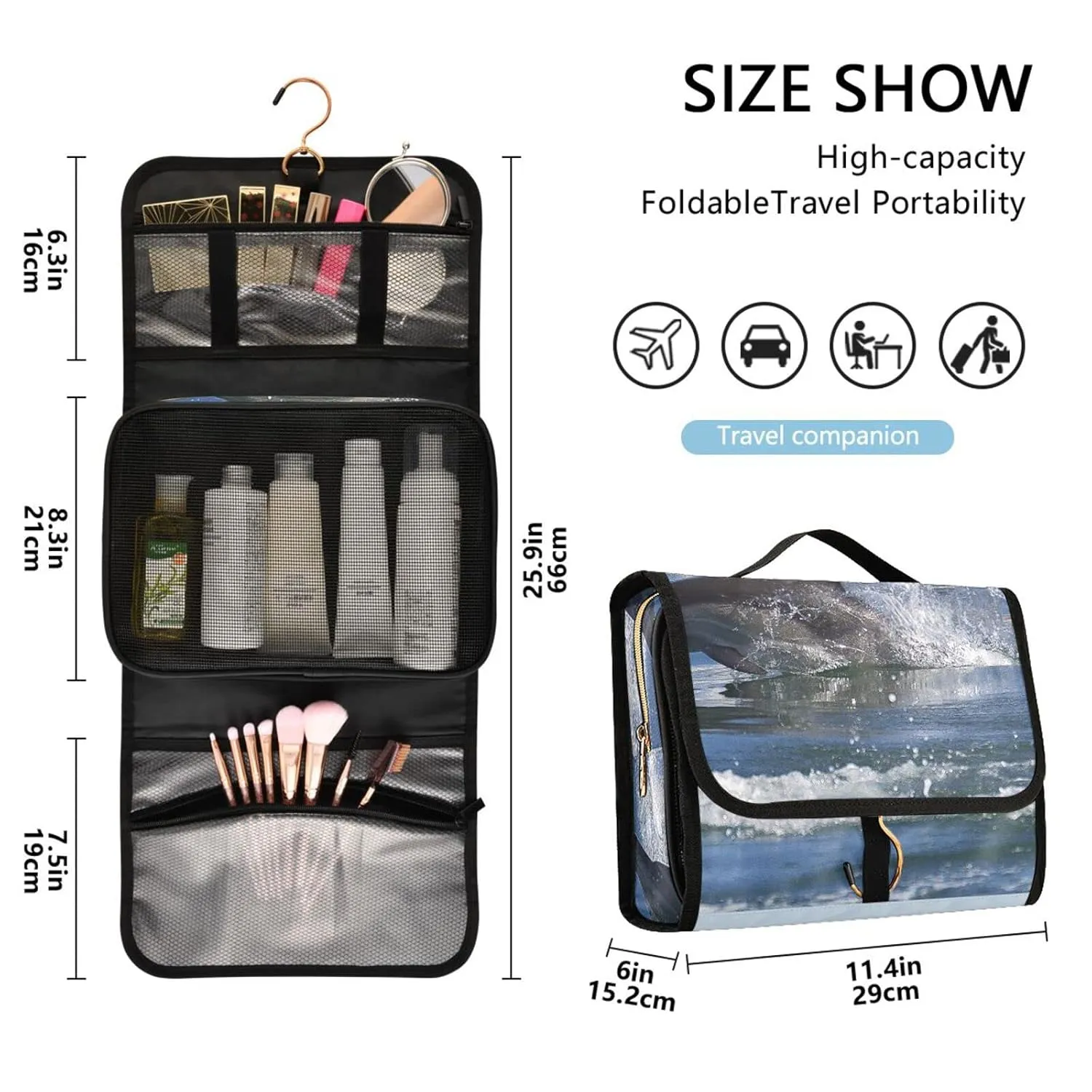 A Group of Dolphins with Long Beaks Jumped out of the Water 1 PC Hanging Toiletry Wash bag Portable Makeup Organizer Brush Storage Case Portable Travel Cosmetic with Hook