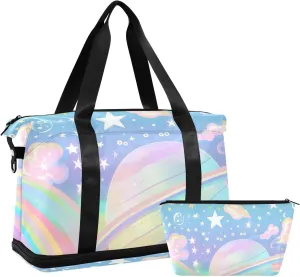A Pastel Rainbow Sky Travel Bag Carry On Weekend Bag with Toiletry Bag for Workout 2 Pcs Set