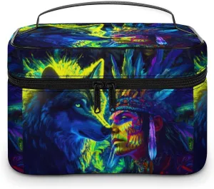 A Wolf And An Native (American-indian) Portable Makeup Bag Large Capacity Toiletry Receiving Cosmetic Bags With Handle And Divider