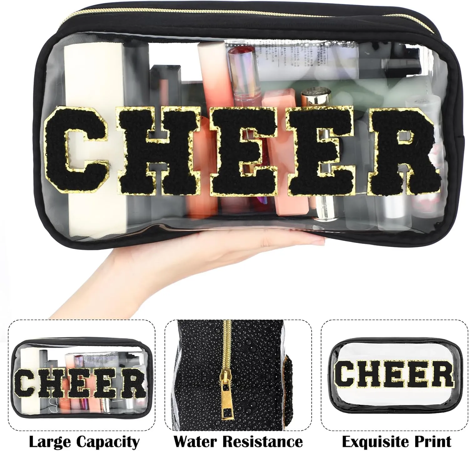 Abbylike Cheer Clear Makeup Letter Bag Cosmetic Zipper Cheers Pouch Chenille Patch Cheerleader Gifts Preppy Cheer Nylon Handmade Toiletry Bags for Women Girls Gifts (1, Black)