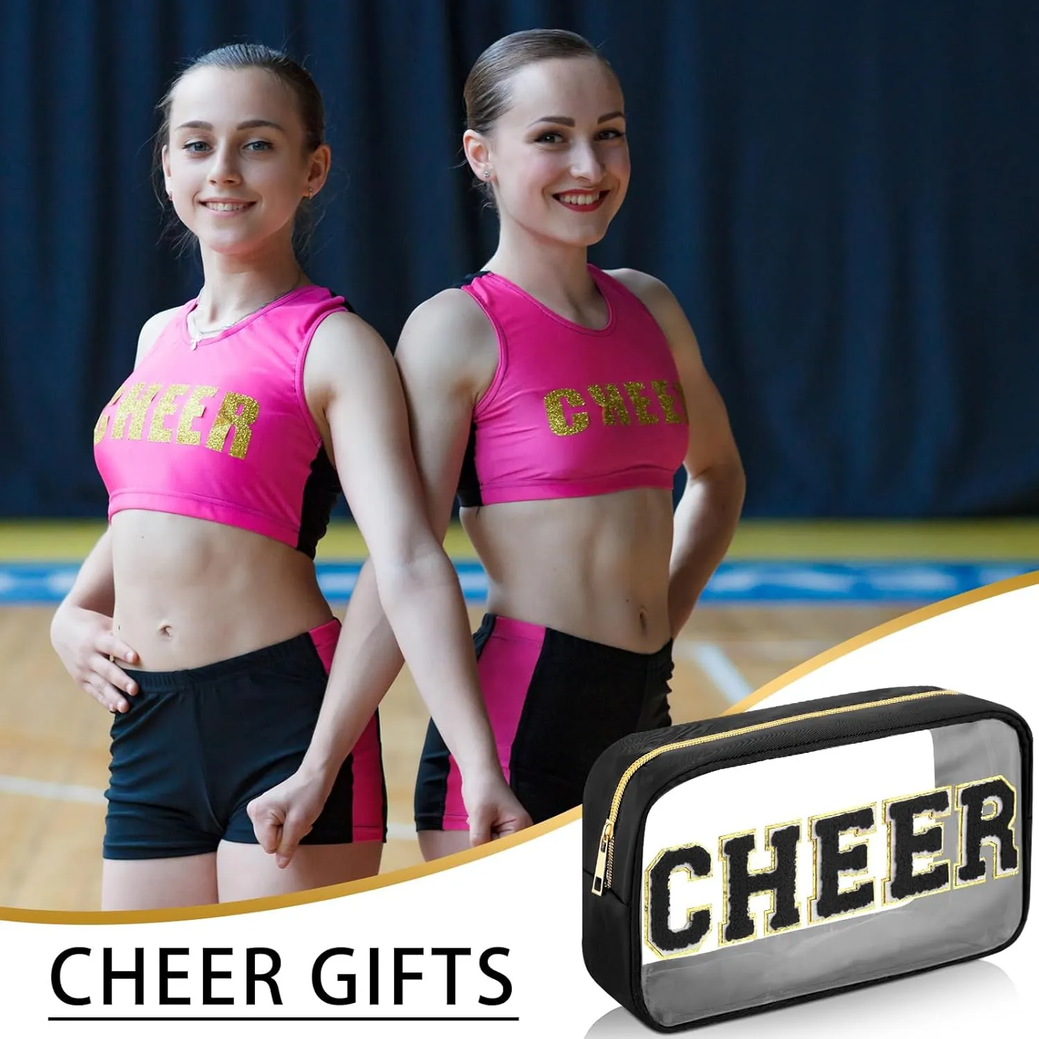 Abbylike Cheer Clear Makeup Letter Bag Cosmetic Zipper Cheers Pouch Chenille Patch Cheerleader Gifts Preppy Cheer Nylon Handmade Toiletry Bags for Women Girls Gifts (1, Black)
