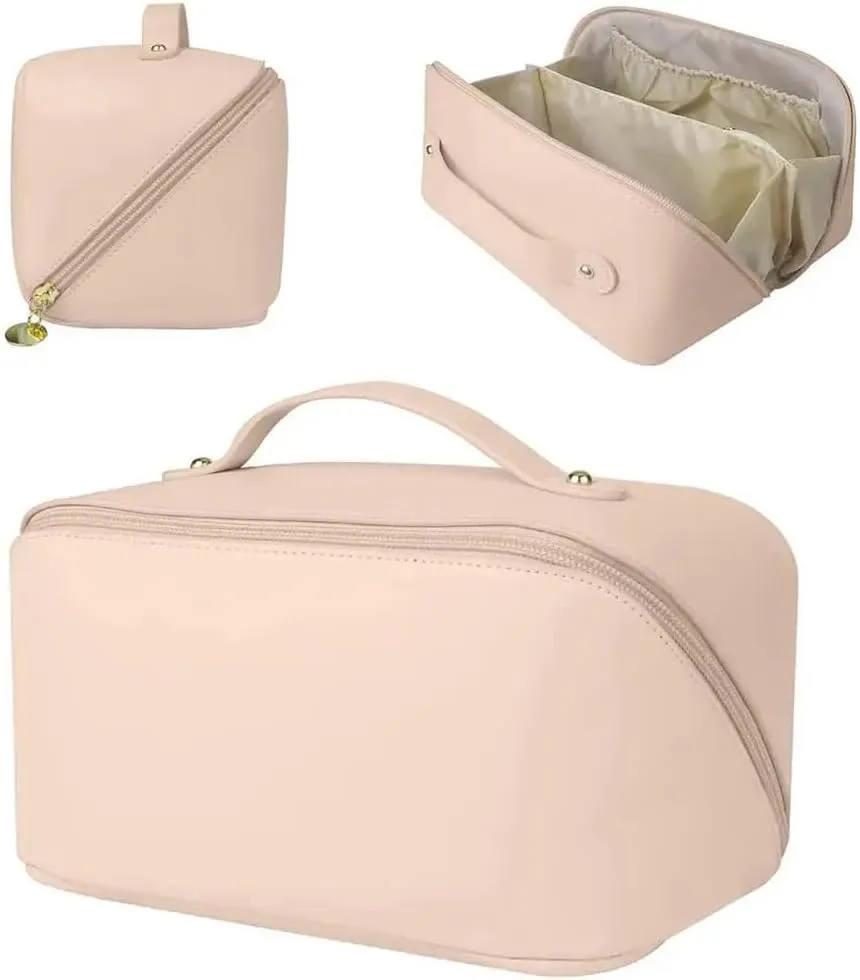 abigail&bleu Travel Makeup Bag, Large Capacity Cosmetic Bag for Women, Waterproof Portable Pouch with Divider and Handle, 9.25 x 4.53 x 4.92 inches (Cream)