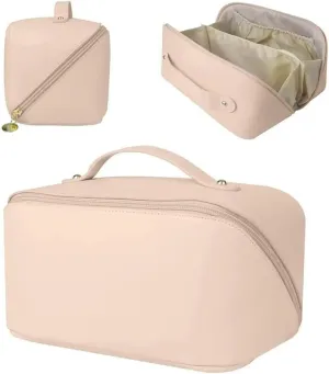 abigail&bleu Travel Makeup Bag, Large Capacity Cosmetic Bag for Women, Waterproof Portable Pouch with Divider and Handle, 9.25 x 4.53 x 4.92 inches (Cream)