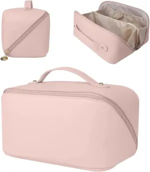 abigail&bleu Travel Makeup Bag, Large Capacity Cosmetic Bag for Women, Waterproof Portable Pouch with Divider and Handle, 9.25 x 4.53 x 4.92 inches (Pink)
