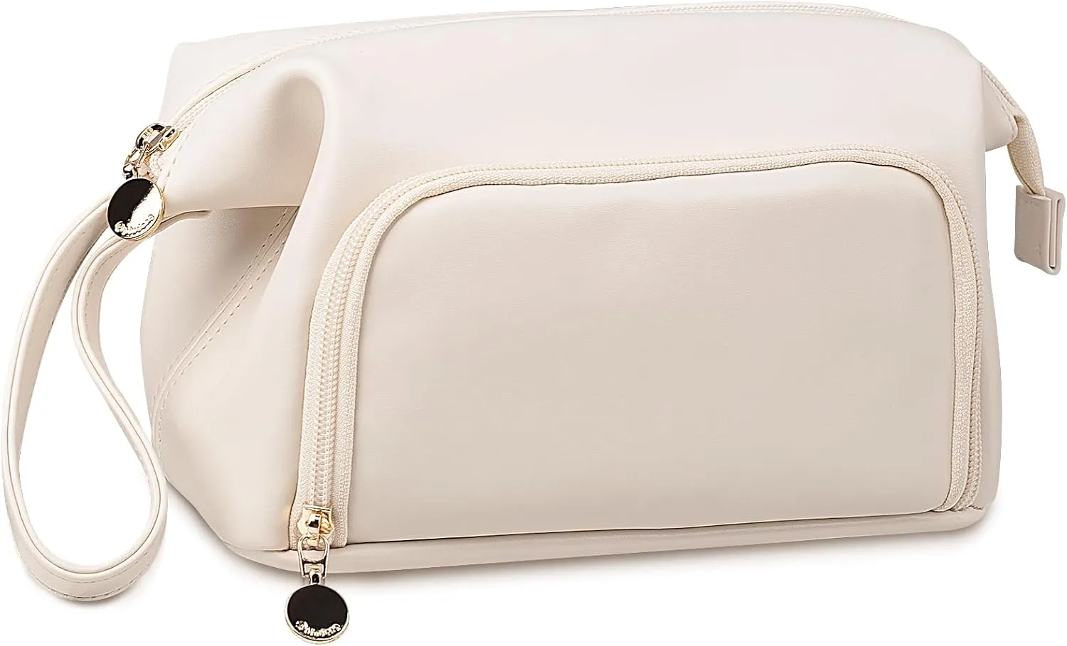 Abiudeng Makeup Bag for women,Toiletry Travel Makeup Bags Pouch with Brush Compartments, Large Portable Cosmetic Bag with Handle,Wide Open Cute Bag,PU Water-Resistant Makeup Bag-White