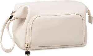 Abiudeng Makeup Bag for women,Toiletry Travel Makeup Bags Pouch with Brush Compartments, Large Portable Cosmetic Bag with Handle,Wide Open Cute Bag,PU Water-Resistant Makeup Bag-White