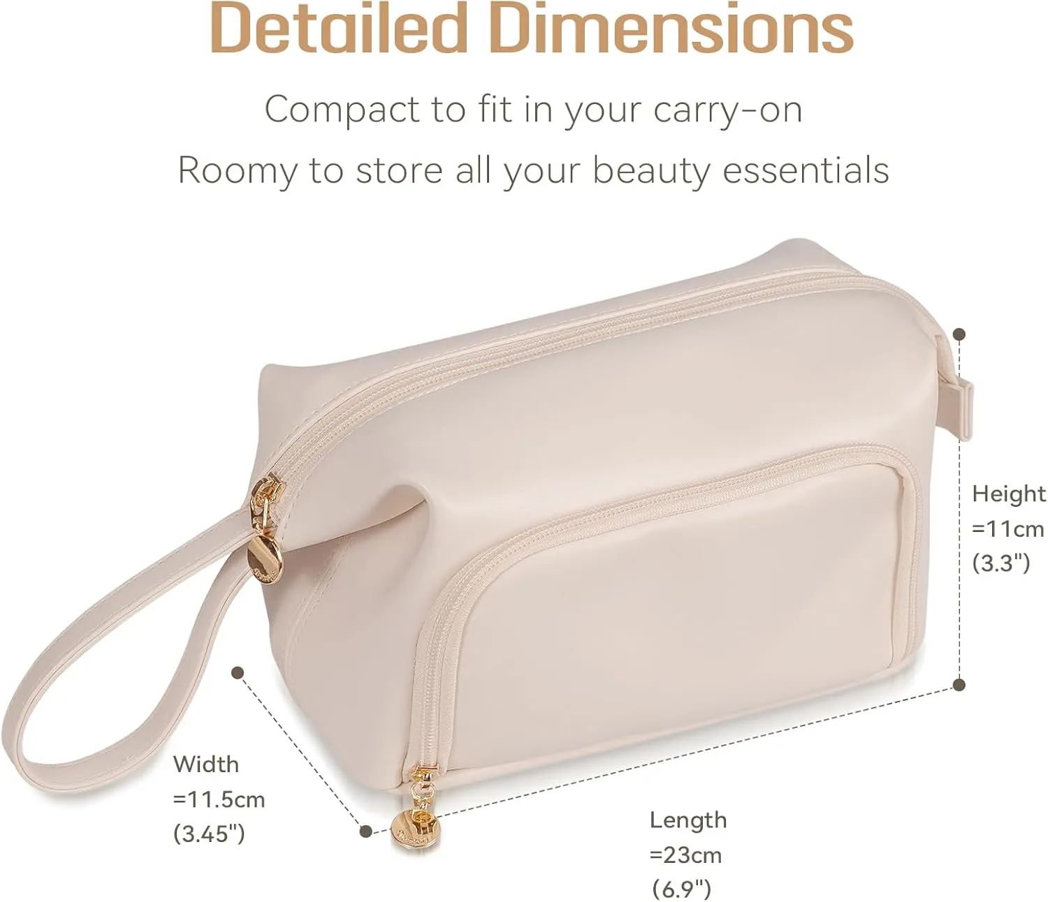 Abiudeng Makeup Bag for women,Toiletry Travel Makeup Bags Pouch with Brush Compartments, Large Portable Cosmetic Bag with Handle,Wide Open Cute Bag,PU Water-Resistant Makeup Bag-White