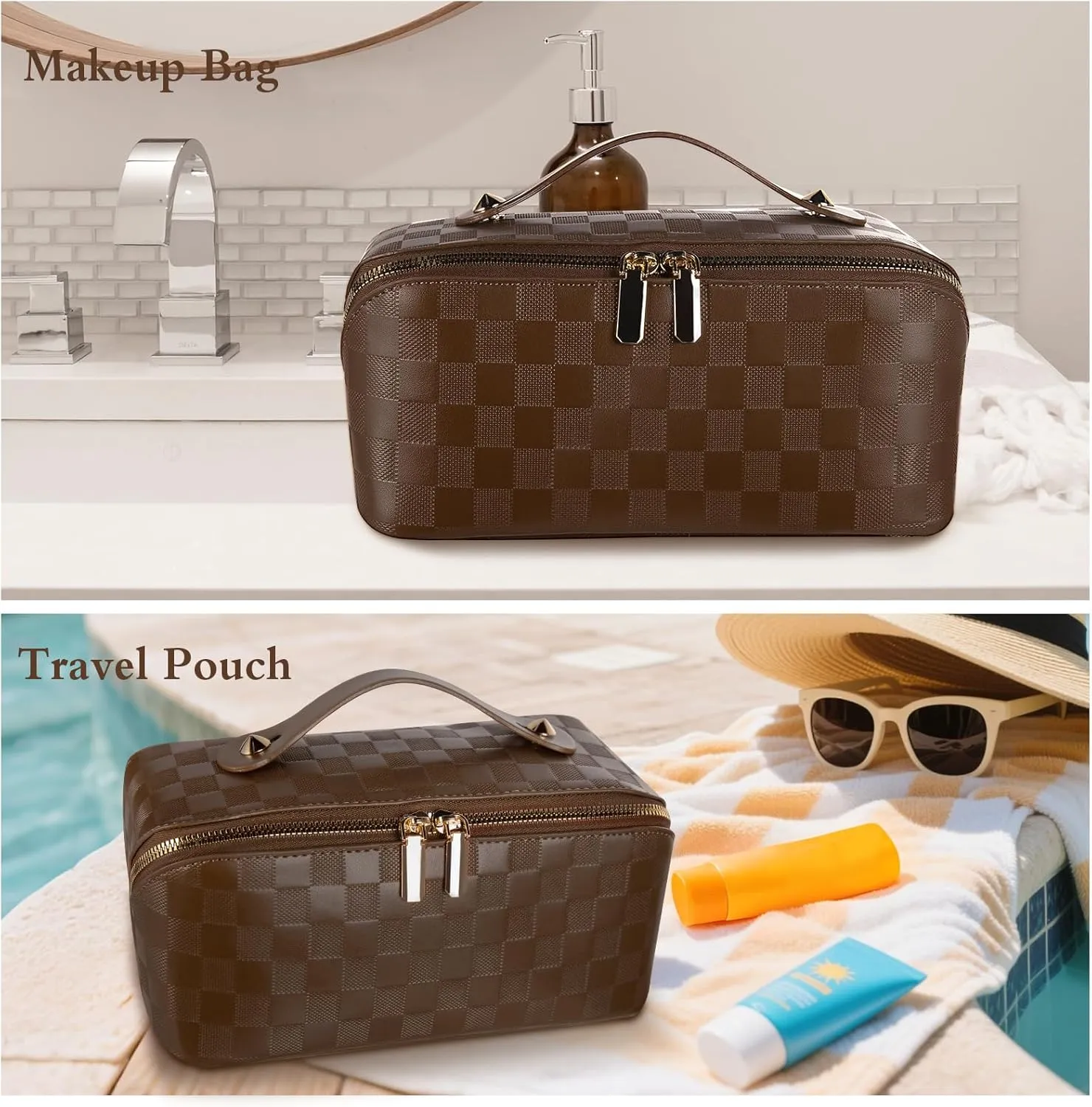 Abiudeng Travel Makeup Bag,Large Capacity Toiletry Bag Cosmetic Bags for Travel Essentials,Waterproof Portable Pouch Open Flat Makeup bag Organizer with Divider and Handle(Brown Grid)