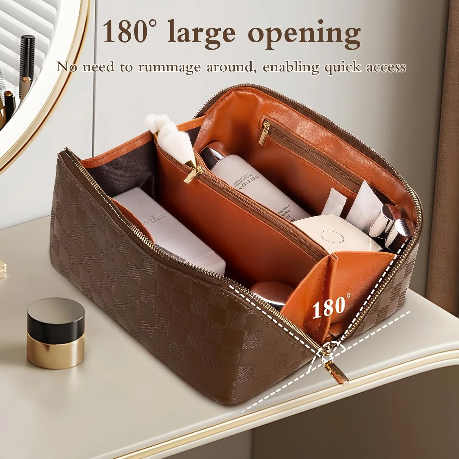 Abiudeng Travel Makeup Bag,Large Capacity Toiletry Bag Cosmetic Bags for Travel Essentials,Waterproof Portable Pouch Open Flat Makeup bag Organizer with Divider and Handle(Brown Grid)