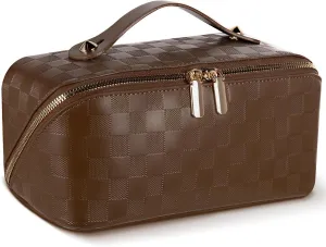 Abiudeng Travel Makeup Bag,Large Capacity Toiletry Bag Cosmetic Bags for Travel Essentials,Waterproof Portable Pouch Open Flat Makeup bag Organizer with Divider and Handle(Brown Grid)