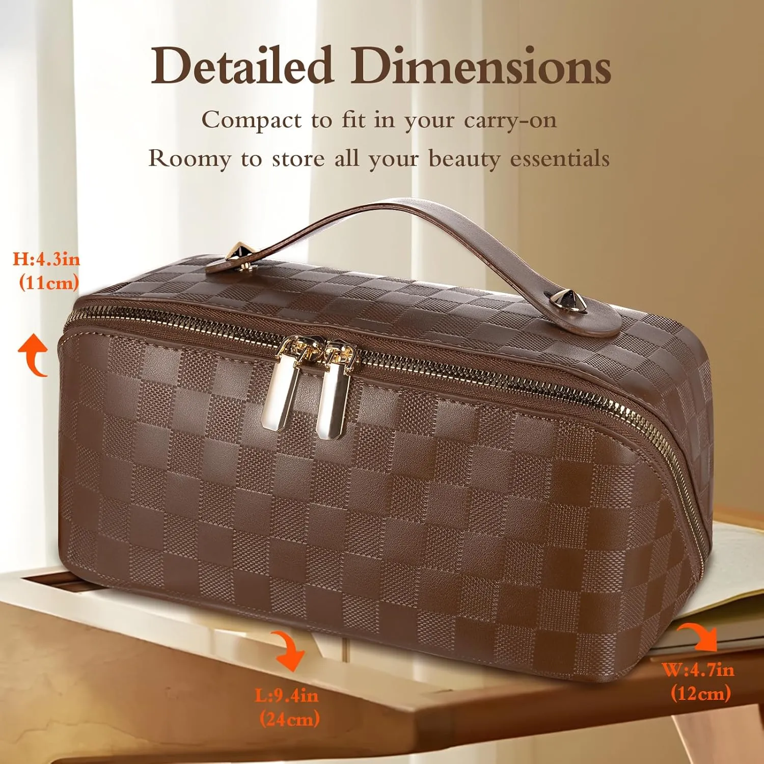 Abiudeng Travel Makeup Bag,Large Capacity Toiletry Bag Cosmetic Bags for Travel Essentials,Waterproof Portable Pouch Open Flat Makeup bag Organizer with Divider and Handle(Brown Grid)