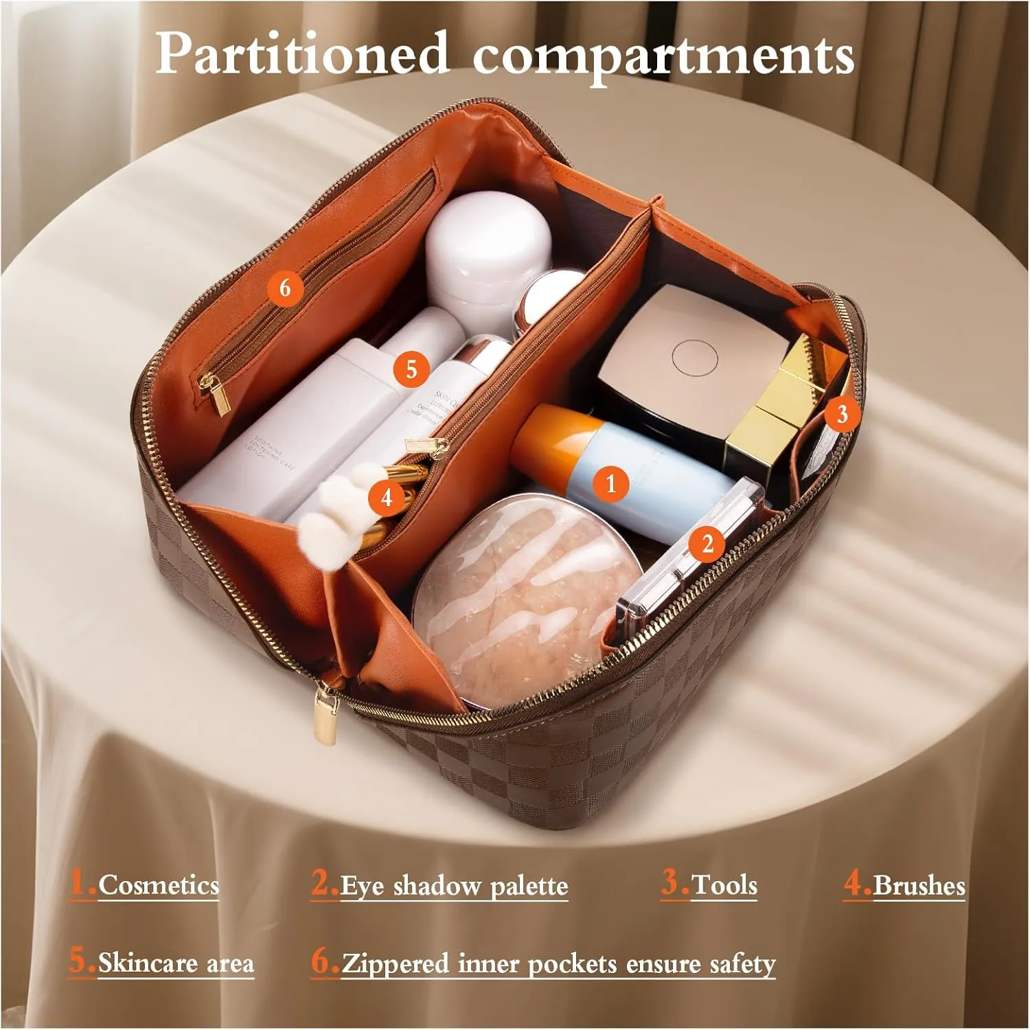 Abiudeng Travel Makeup Bag,Large Capacity Toiletry Bag Cosmetic Bags for Travel Essentials,Waterproof Portable Pouch Open Flat Makeup bag Organizer with Divider and Handle(Brown Grid)