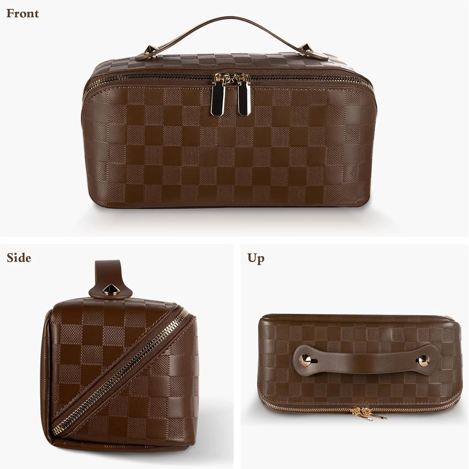 Abiudeng Travel Makeup Bag,Large Capacity Toiletry Bag Cosmetic Bags for Travel Essentials,Waterproof Portable Pouch Open Flat Makeup bag Organizer with Divider and Handle(Brown Grid)