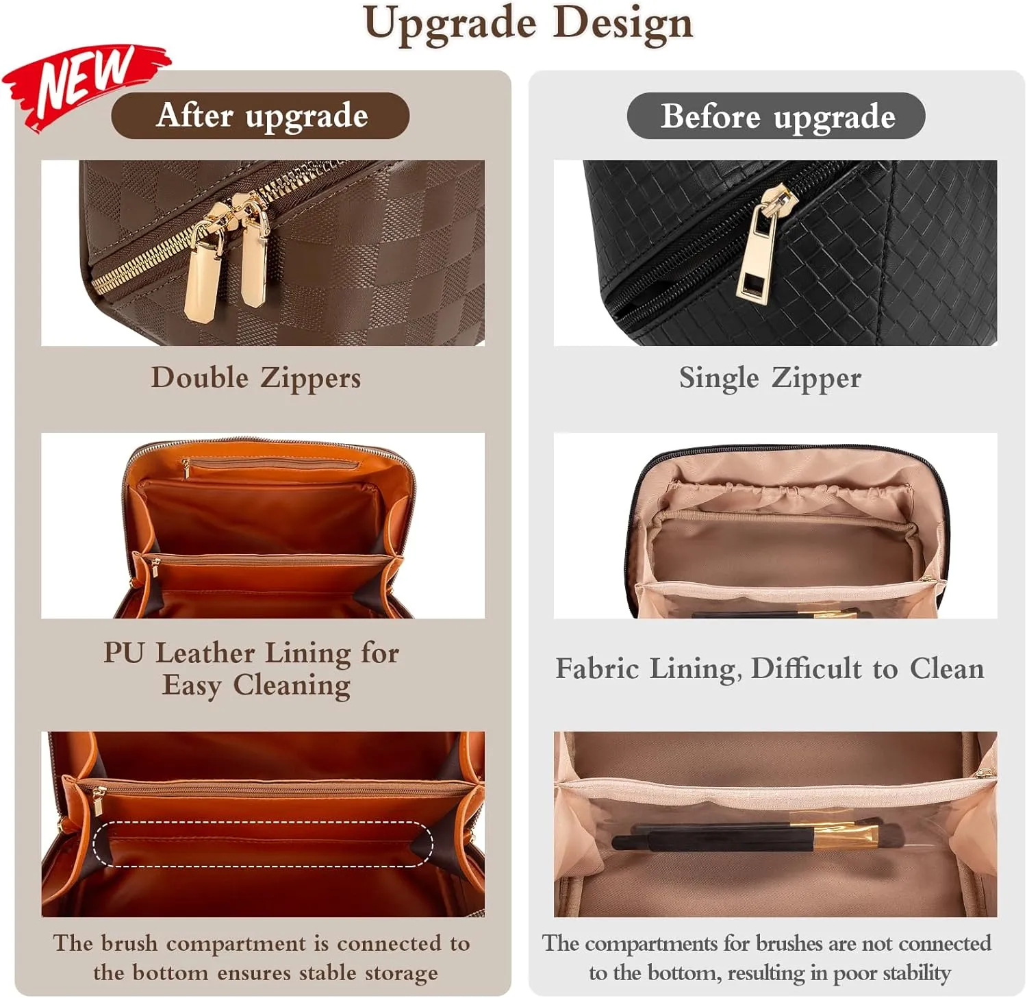 Abiudeng Travel Makeup Bag,Large Capacity Toiletry Bag Cosmetic Bags for Travel Essentials,Waterproof Portable Pouch Open Flat Makeup bag Organizer with Divider and Handle(Brown Grid)