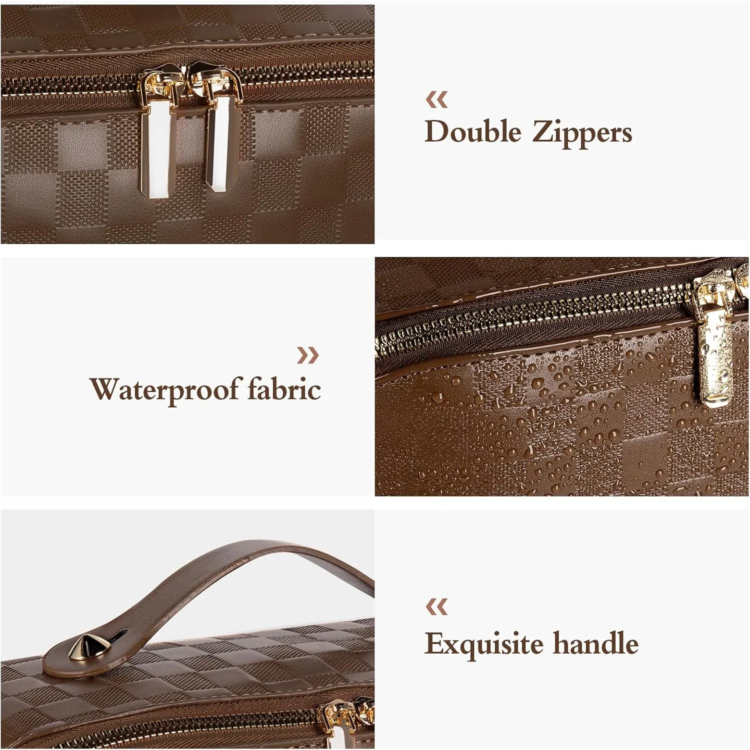 Abiudeng Travel Makeup Bag,Large Capacity Toiletry Bag Cosmetic Bags for Travel Essentials,Waterproof Portable Pouch Open Flat Makeup bag Organizer with Divider and Handle(Brown Grid)