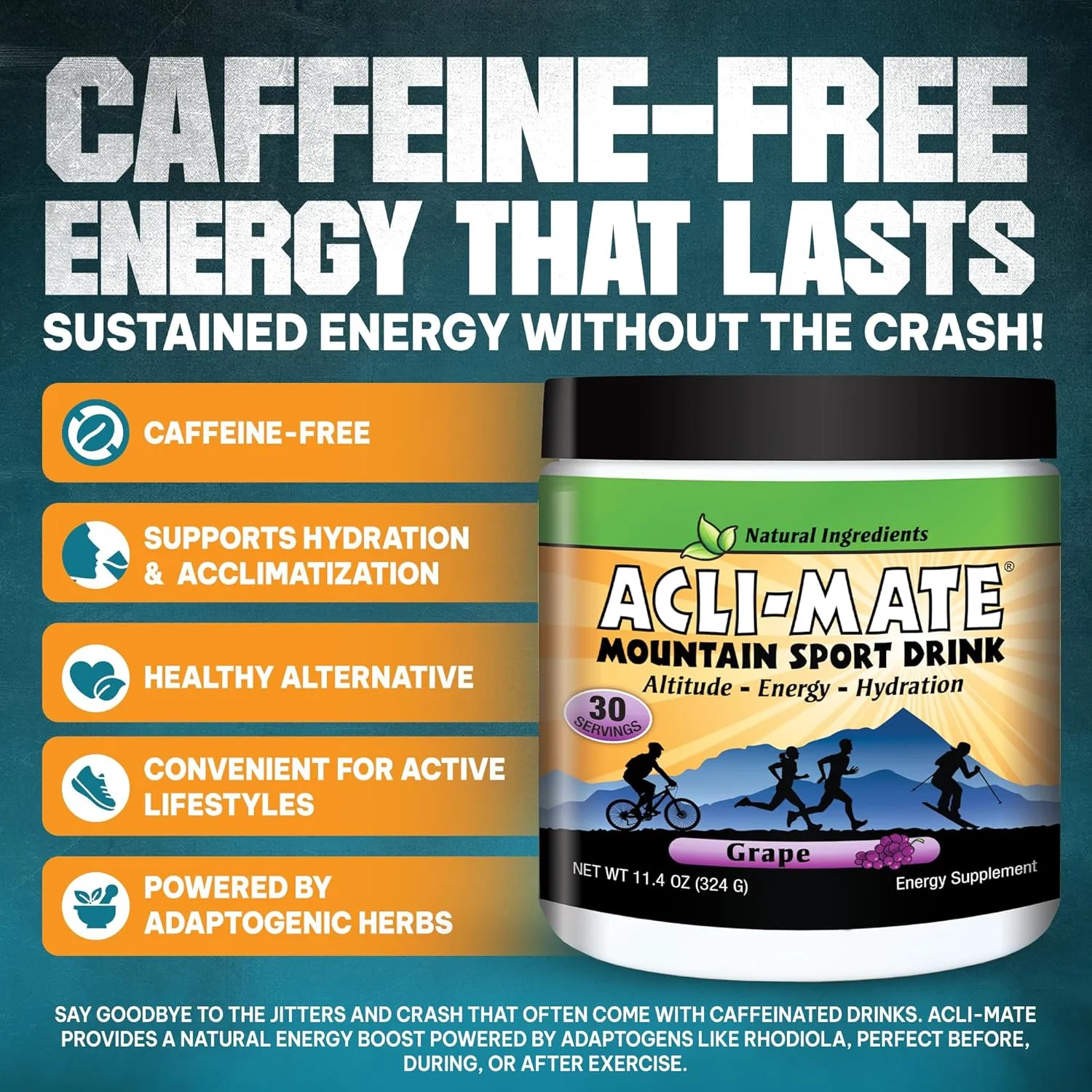Acli-Mate Mountain Sport Drink Mix - Energy Powder Supplement - High Altitude Acclimatization Hydration - Recovery Drink for Running, Cycling, Hiking, Workout, Skiing, Travel & More - 1 Tub (Grape)