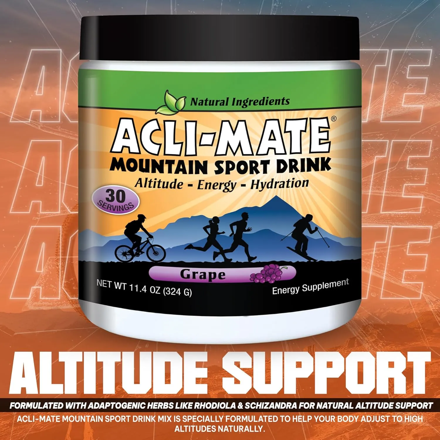 Acli-Mate Mountain Sport Drink Mix - Energy Powder Supplement - High Altitude Acclimatization Hydration - Recovery Drink for Running, Cycling, Hiking, Workout, Skiing, Travel & More - 1 Tub (Grape)