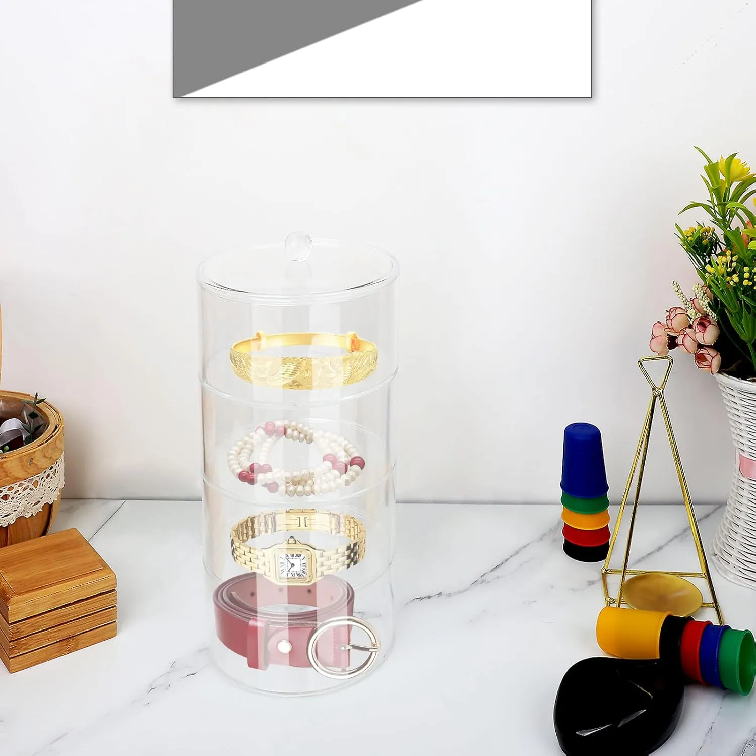 Acrylic Belt Organizer, Stackable Belt Display Box Wristwatch Storage Case, Transparent Jewelry Storage Case, Belt Display Case for Watches Jewelry Makeup(#4 Layers)