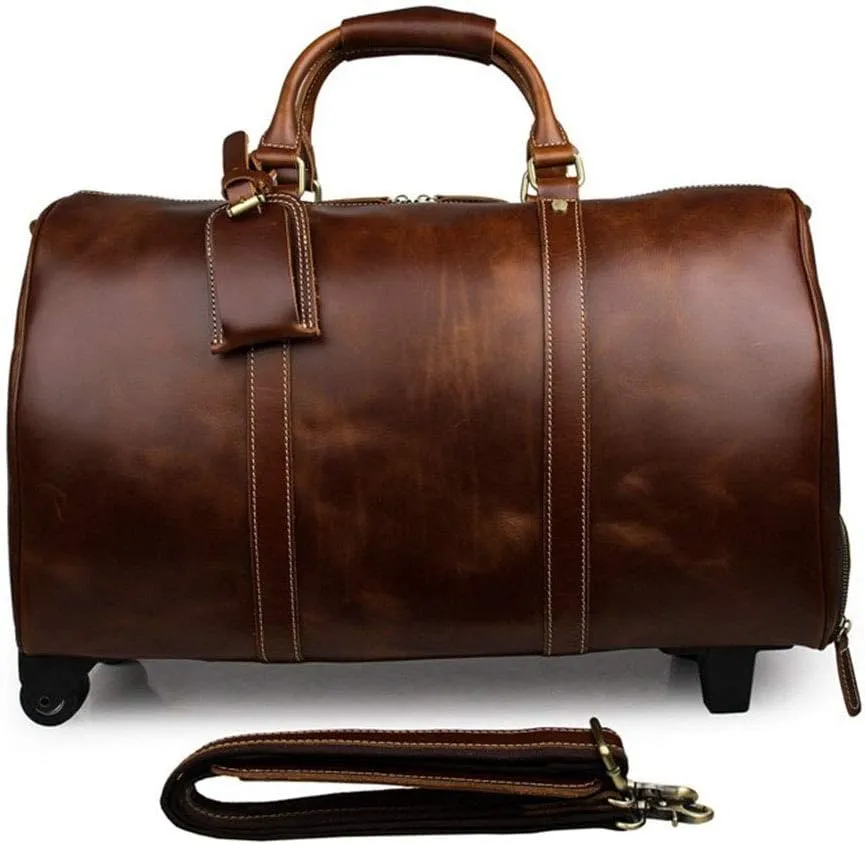 Adult Fashion Wheeled Luggage Travel Duffel Bag Rolling Suitcase Trolley Overnight Weekender Gym Tote Handbag Briefcase Sports Overnight Gym Luggage Weekend T(Brown,Glossy Leather)