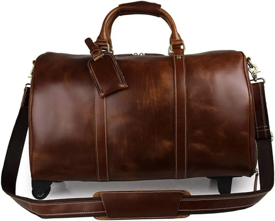 Adult Fashion Wheeled Luggage Travel Duffel Bag Rolling Suitcase Trolley Overnight Weekender Gym Tote Handbag Briefcase Sports Overnight Gym Luggage Weekend T(Brown,Glossy Leather)