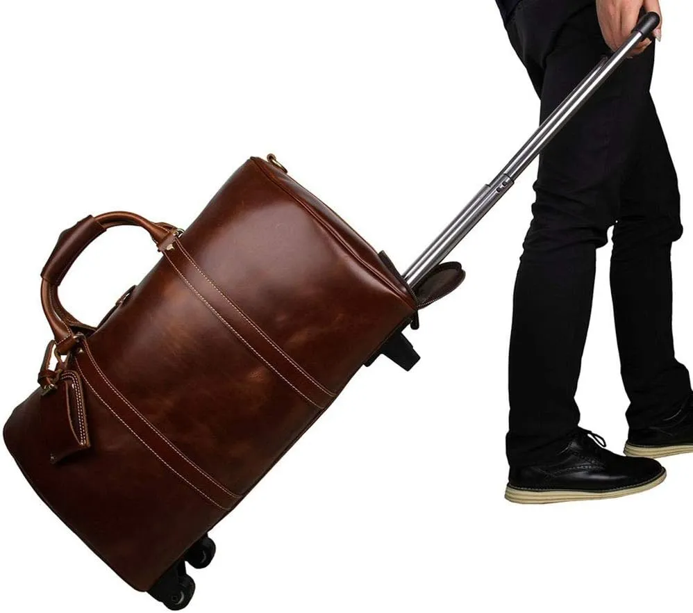Adult Fashion Wheeled Luggage Travel Duffel Bag Rolling Suitcase Trolley Overnight Weekender Gym Tote Handbag Briefcase Sports Overnight Gym Luggage Weekend T(Brown,Glossy Leather)