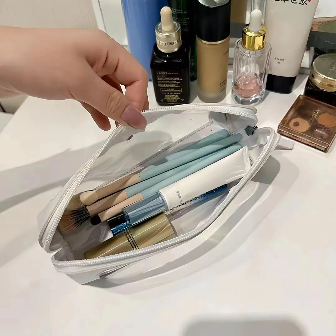 Aesthetic Clear Makeup Bags, Travel Cosmetic Zipper Pouch for Women, Transparent Makeup Organizer Storage Case for Make Up Brushes, Clear Travel Toiletry Bags for Girls in Portable Size (Pink)