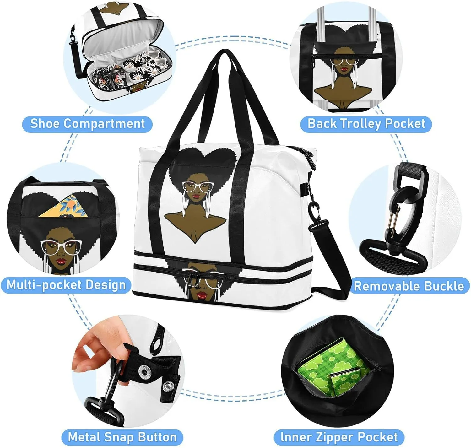 African Black woman Afro Hairstyle Sunglasses and Earrings Gym Duffel Bag, Polyester Travel Weekender Luggage Handbag with Waterproof Pocket for Wet Items, Unisex Foldable Tote for Sports