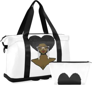 African Black woman Afro Hairstyle Sunglasses and Earrings Gym Duffel Bag, Polyester Travel Weekender Luggage Handbag with Waterproof Pocket for Wet Items, Unisex Foldable Tote for Sports