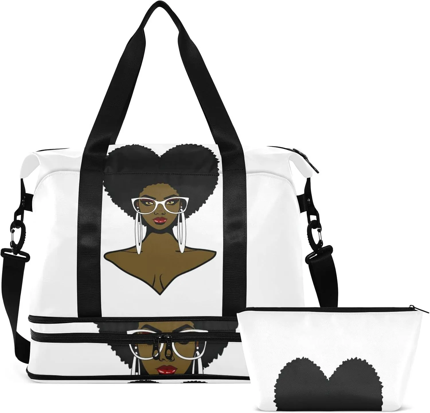 African Black woman Afro Hairstyle Sunglasses and Earrings Gym Duffel Bag, Polyester Travel Weekender Luggage Handbag with Waterproof Pocket for Wet Items, Unisex Foldable Tote for Sports