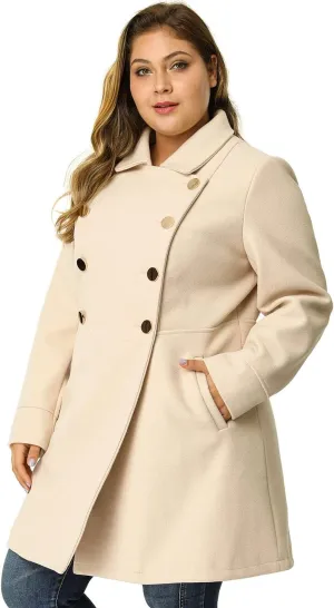Agnes Orinda Women's Plus Size Coat A-Line Peter Pan Collar Double Breasted Fall Winter Peacoat
