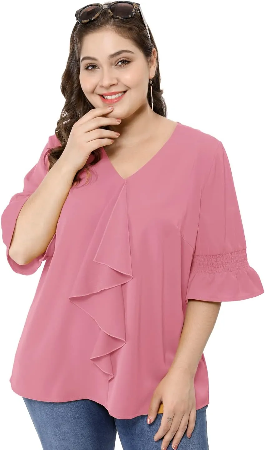 Agnes Orinda Women's Plus Size Tops V Neck Smocked Sleeve Ruffle Blouse Summer Tops