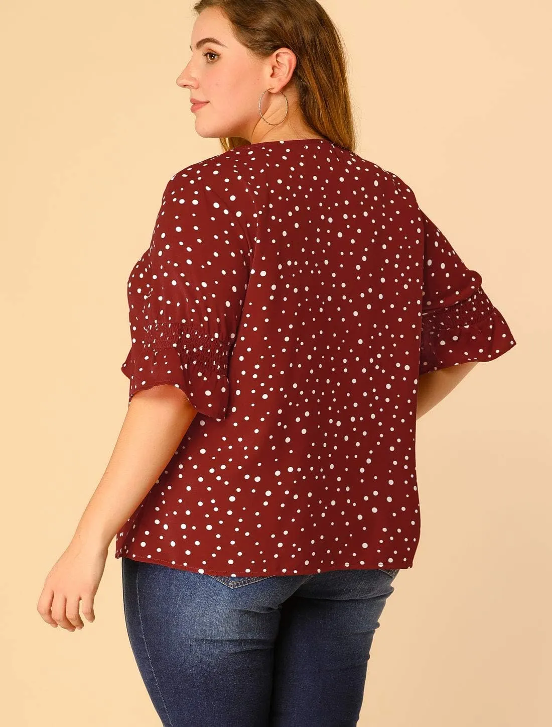 Agnes Orinda Women's Plus Size Tops V Neck Smocked Sleeve Ruffle Blouse Summer Tops