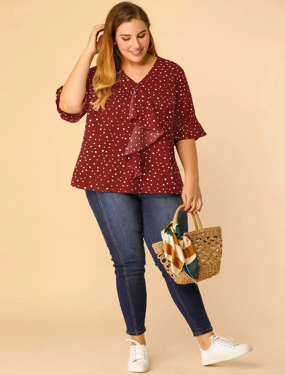 Agnes Orinda Women's Plus Size Tops V Neck Smocked Sleeve Ruffle Blouse Summer Tops