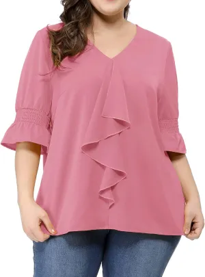 Agnes Orinda Women's Plus Size Tops V Neck Smocked Sleeve Ruffle Blouse Summer Tops