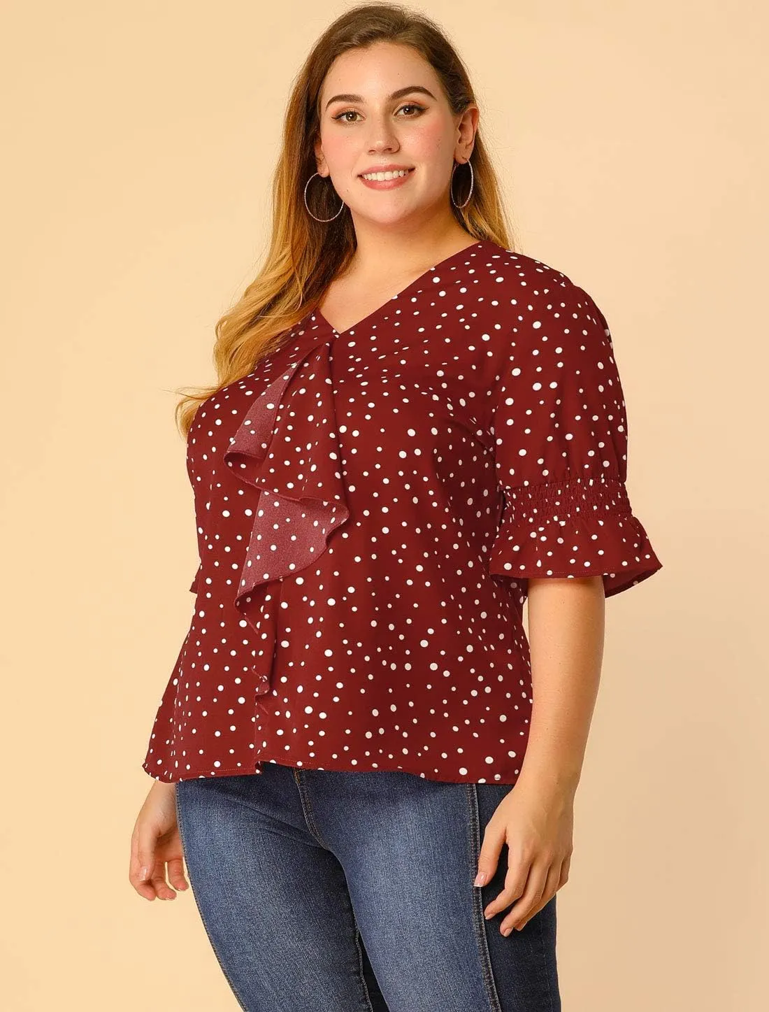 Agnes Orinda Women's Plus Size Tops V Neck Smocked Sleeve Ruffle Blouse Summer Tops