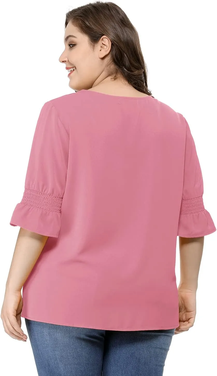 Agnes Orinda Women's Plus Size Tops V Neck Smocked Sleeve Ruffle Blouse Summer Tops