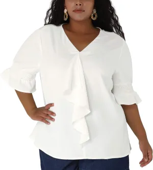 Agnes Orinda Women's Plus Size Tops V Neck Smocked Sleeve Ruffle Blouse Summer Tops